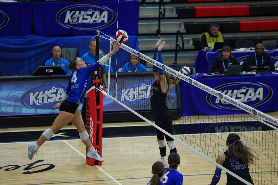 Milyn Minor goes for a kill against Paintsville in the first round of the 2024 Volleyball State Tournament at GRC.